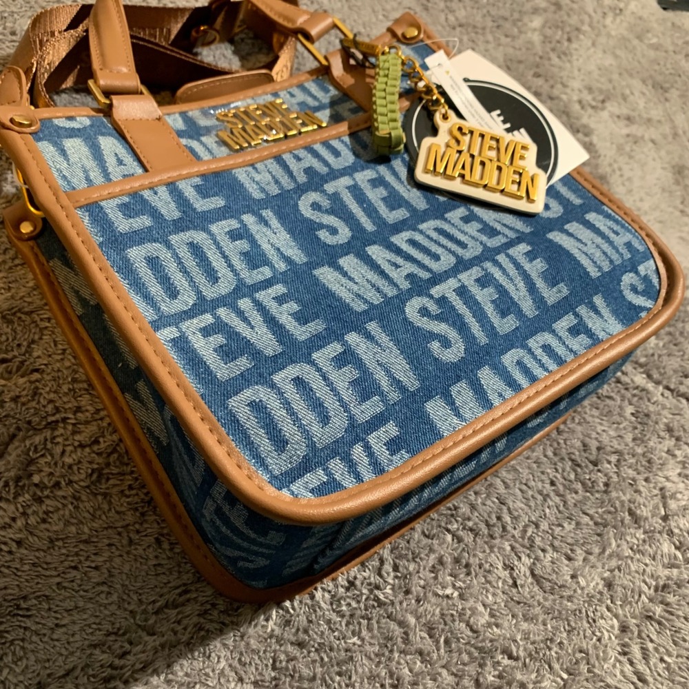 Steve Madden Womens Logo Print Denim Crossbody Bag Mini Tote Tan Blue NWT - Picture 4 of 9
